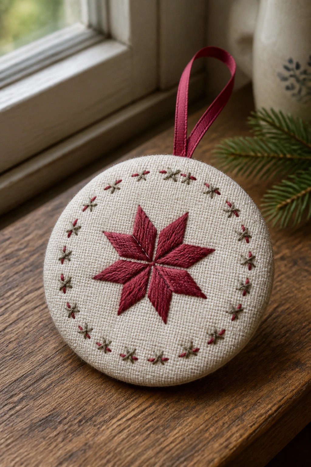 Embroidered circular ornament with red star, stitched border, and red ribbon on wood.