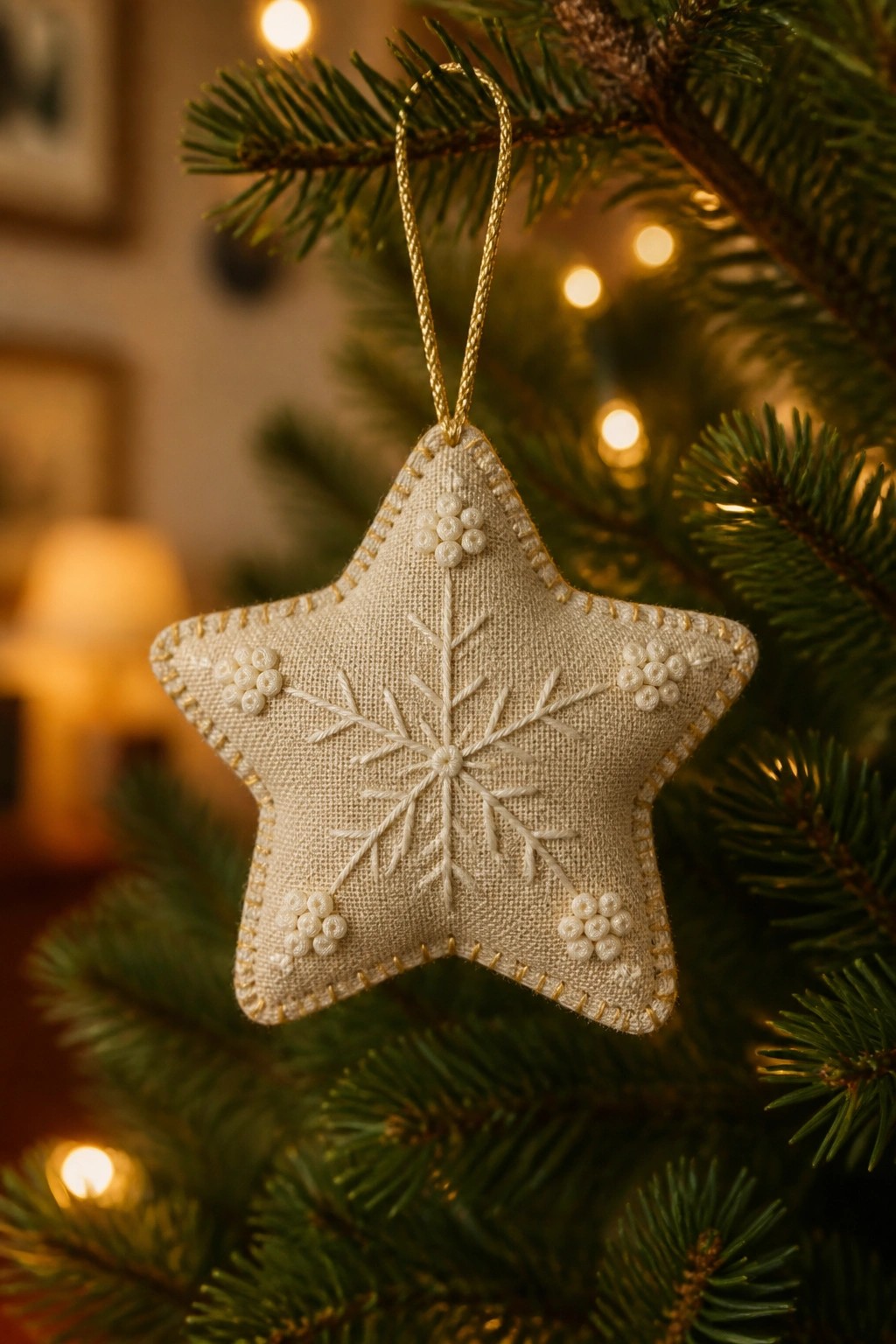 Beige star ornament with embroidered snowflake and gold trim on Christmas tree branch