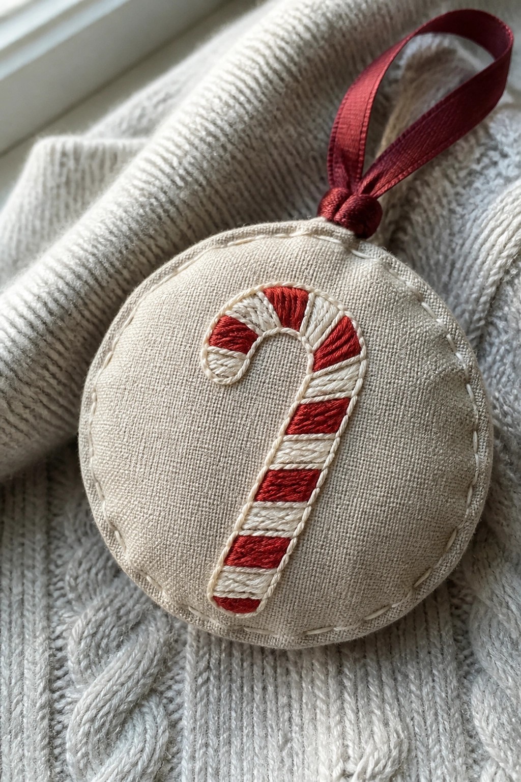 Beige embroidered ornament with red-and-white candy cane on gray knit fabric