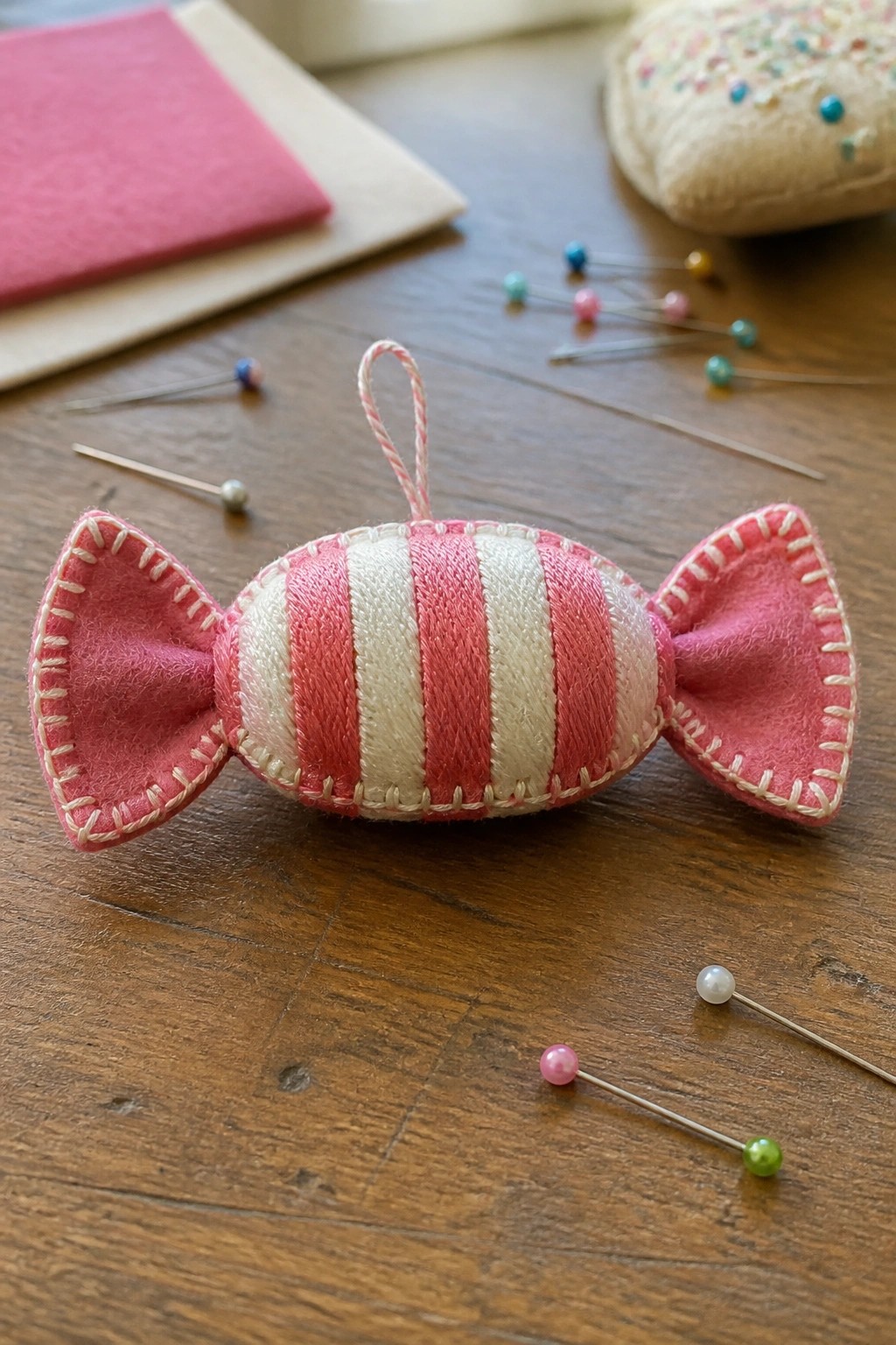 A pink and white striped fabric candy ornament with stitched edges and a hanging loop rests on a wooden table near loose pins and felt scraps.