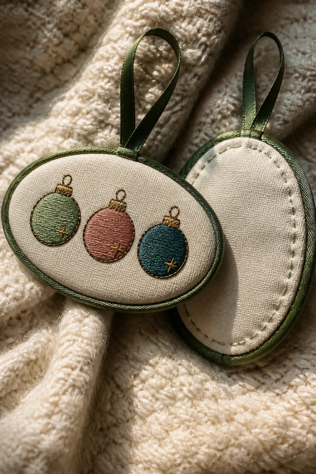 Oval fabric ornament with three embroidered baubles in green, pink, and teal thread plus a plain matching back piece, both with green ribbon loops.