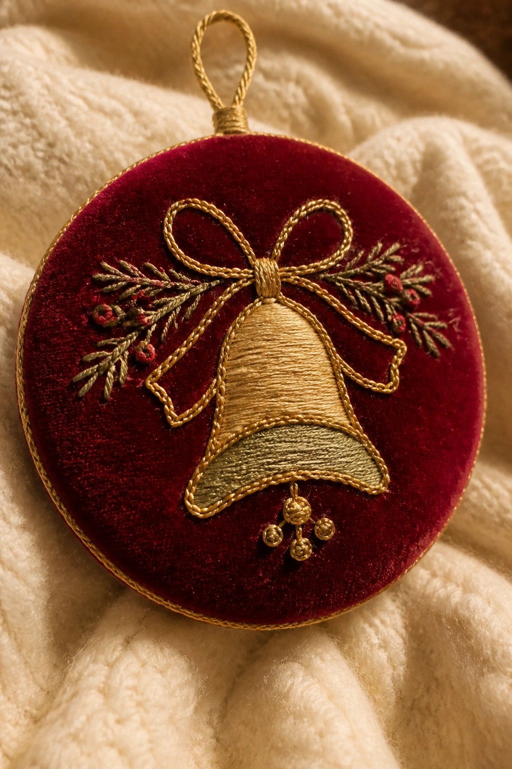 Red velvet ornament embroidered with golden bell, bow, and pine branches on white knit.