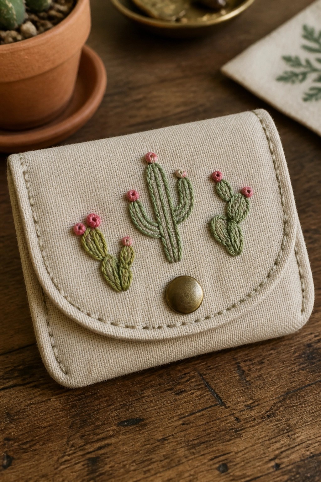 Beige fabric wallet embroidered with green cacti and pink flowers, brass button closure.
