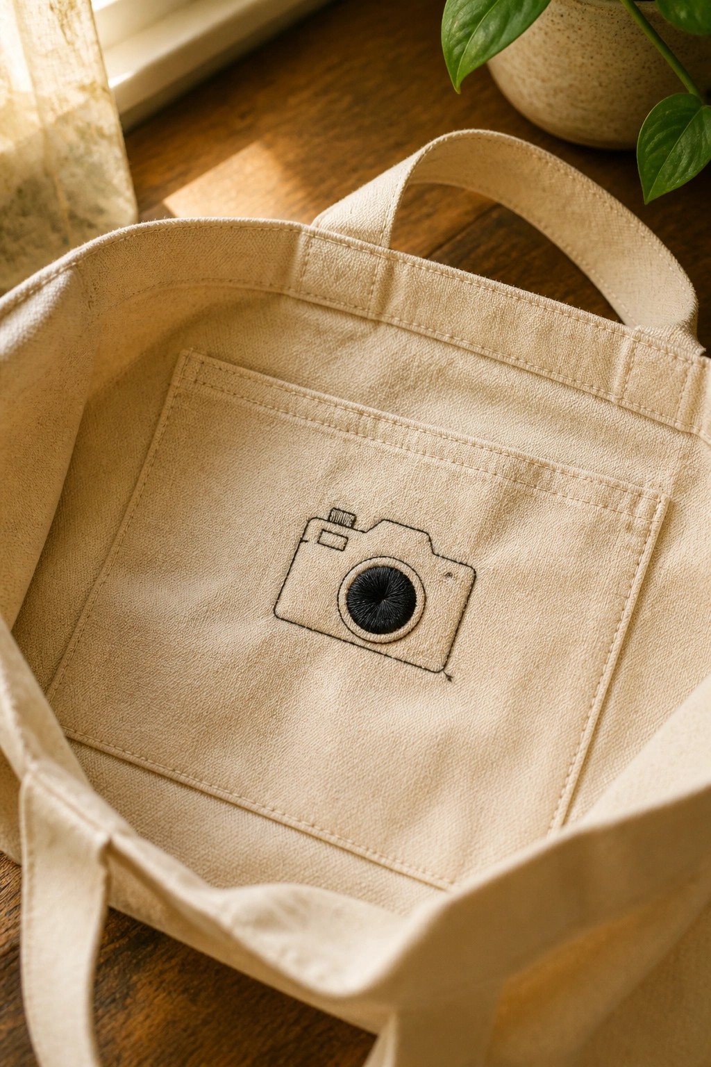 A beige canvas tote bag with a black embroidered camera on its inner pocket.