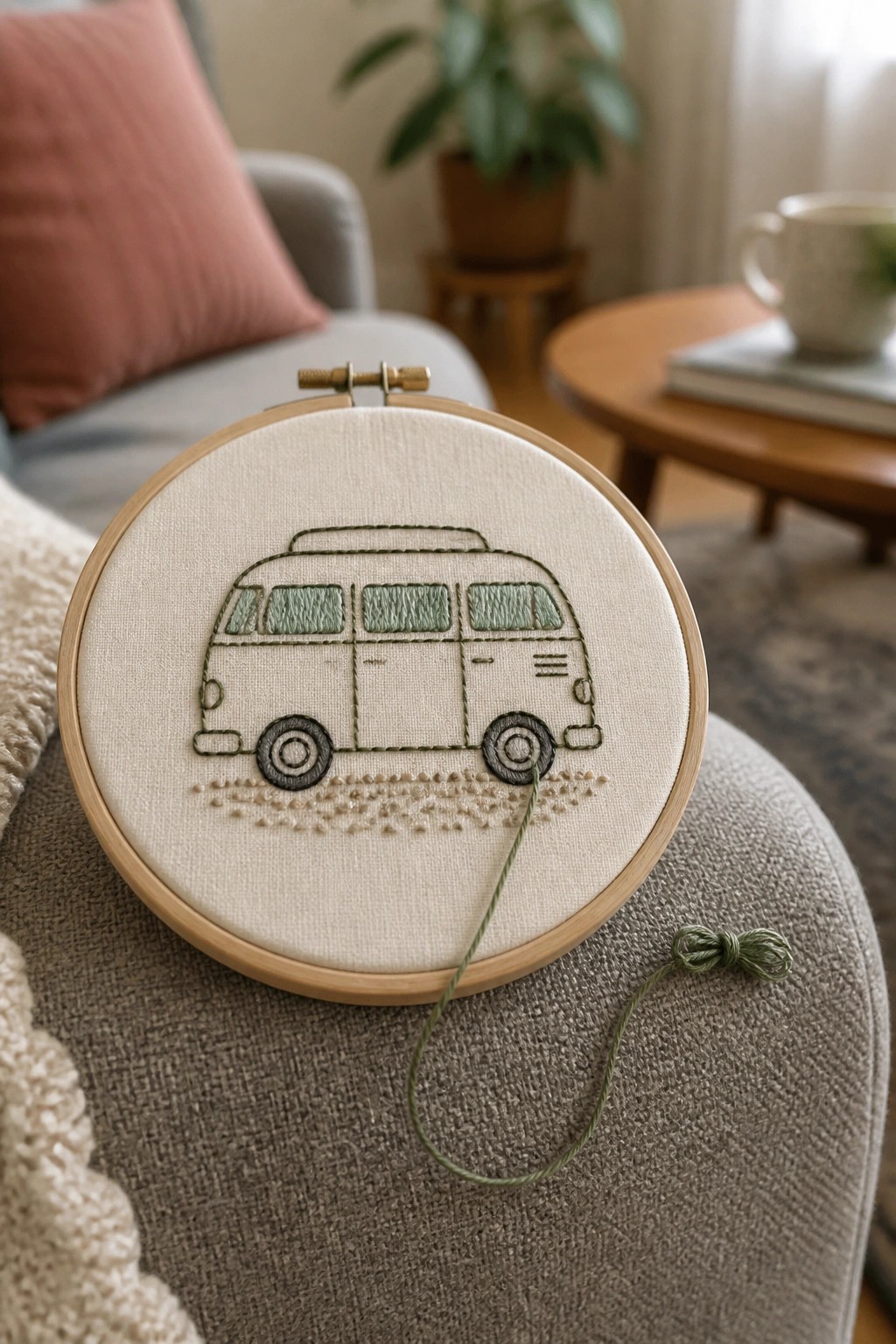 Embroidery hoop with stitched green camper van and loose thread on gray fabric