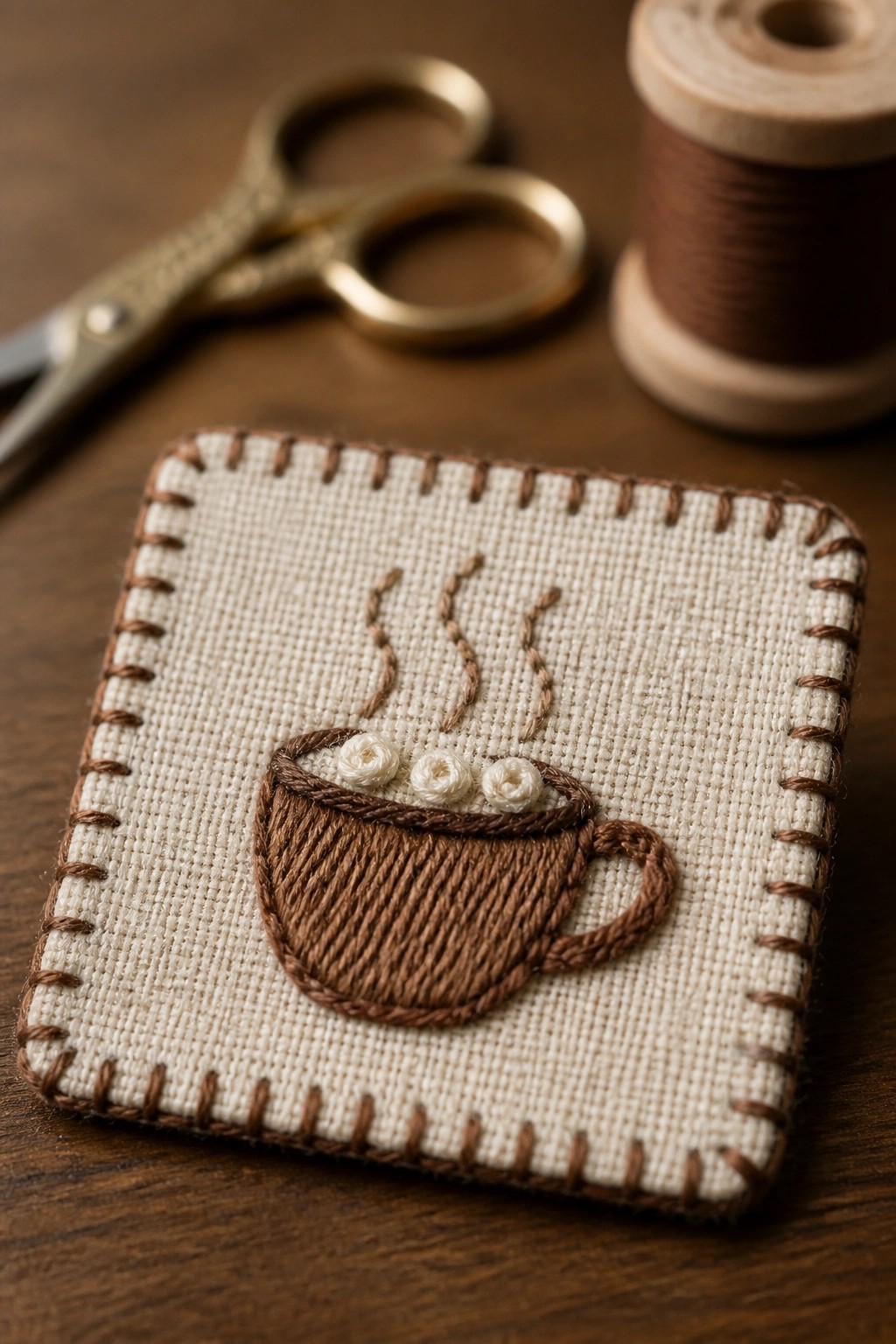 Embroidered brown coffee cup with steam on beige fabric beside scissors and thread spool