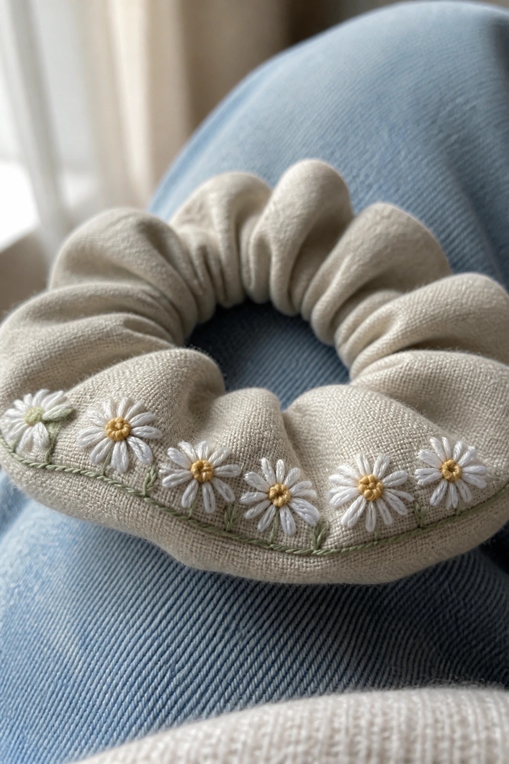 A beige scrunchie with white daisy embroidery and green stems along the edge on blue denim.