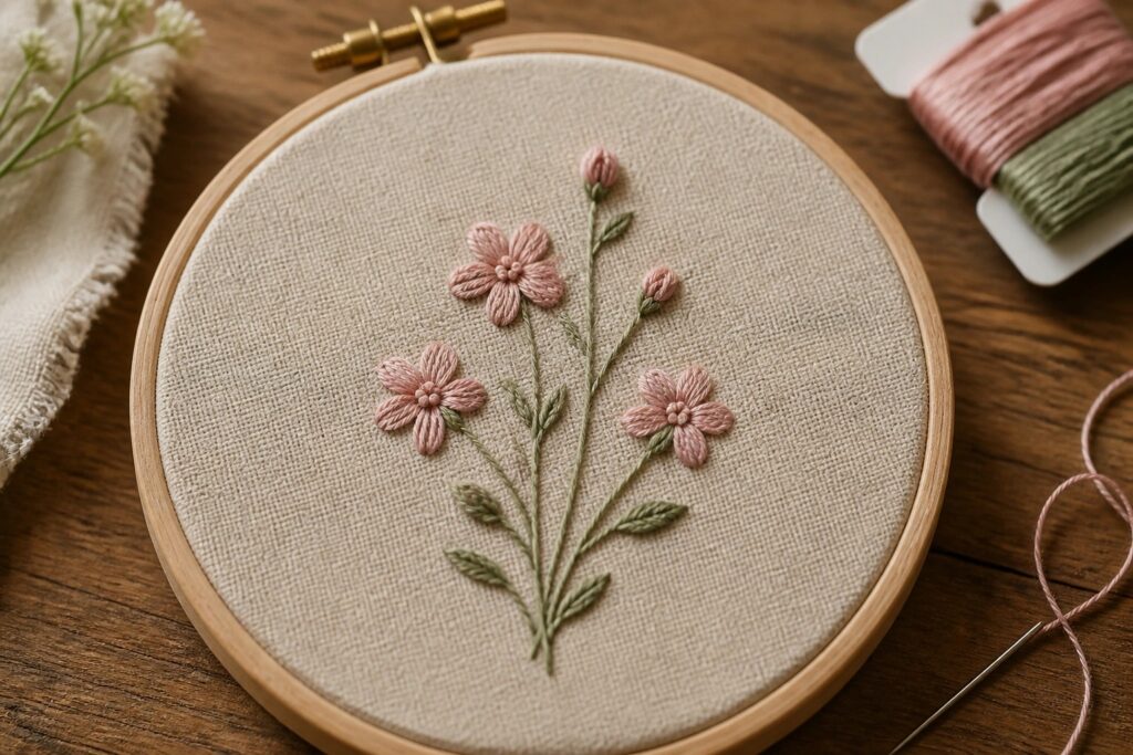 23 Practical Easy Embroidery Stitch Tutorials for Cleaner Lines and Knots Wooden hoop with pink embroidered flowers, green leaves, needle and thread nearby
