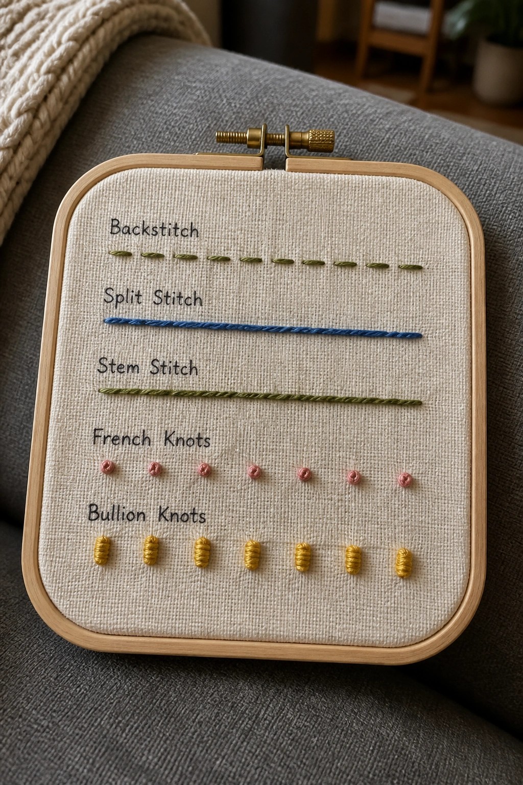 Wooden embroidery hoop with labeled backstitch, split stitch, stem stitch, French and bullion knots.