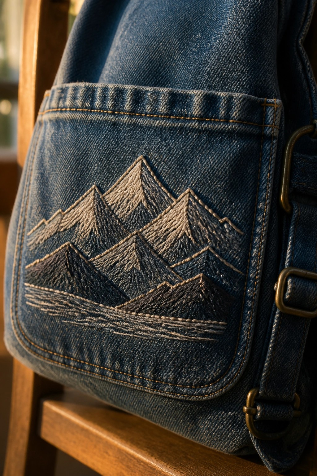 Denim bag pocket embroidered with layered mountain peaks in blue and beige thread.