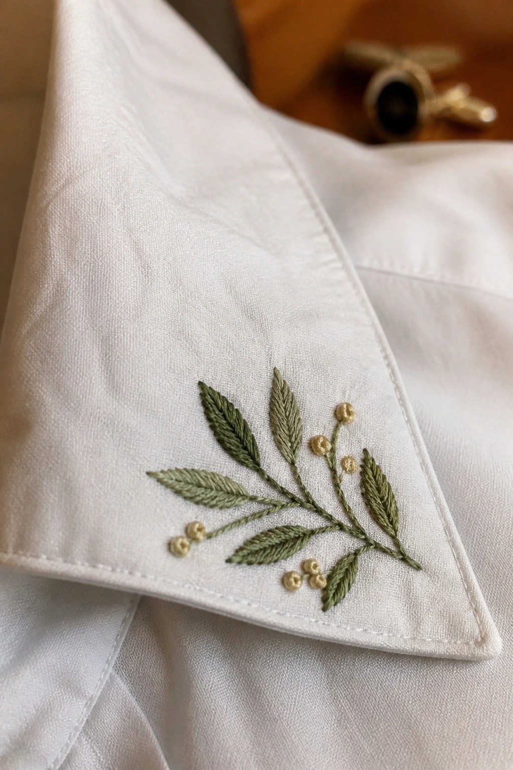 White shirt collar with green leaves and beige berries embroidered at the point.