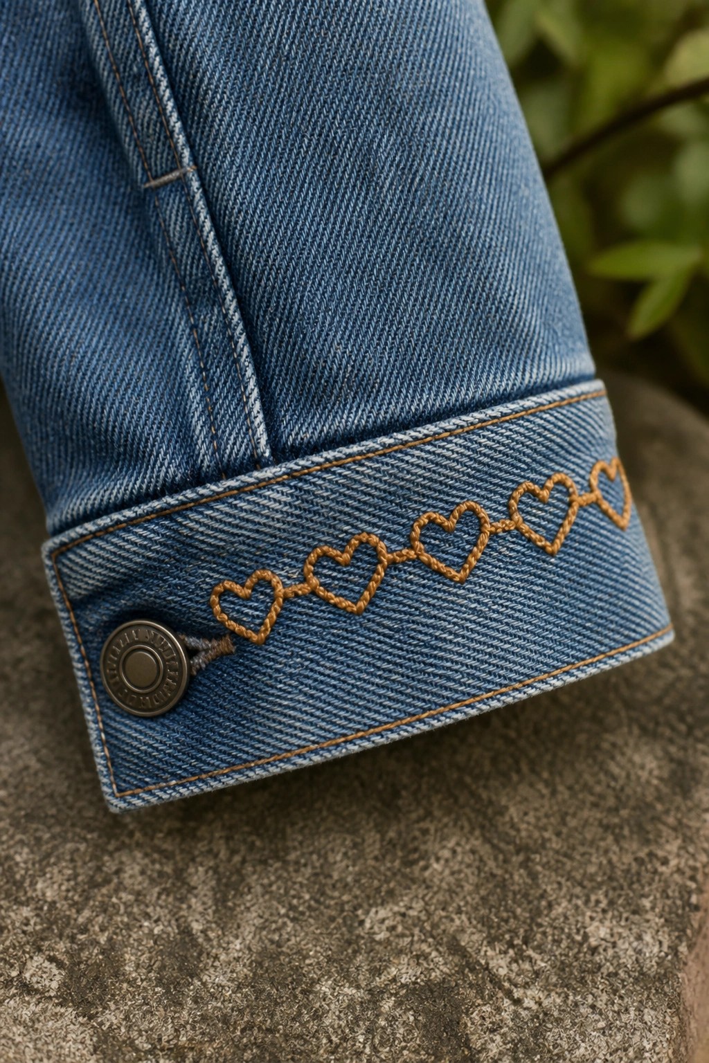 Close-up of a blue denim jacket cuff with a chain of brown embroidered hearts along the edge and a metal button visible.
