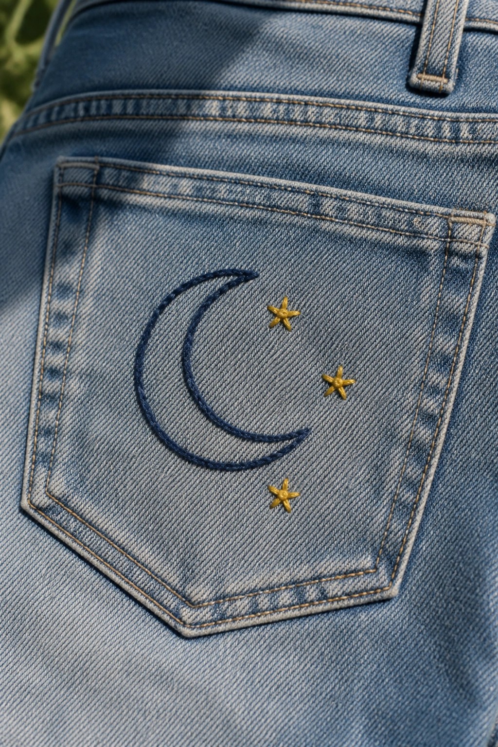 Light blue denim jeans pocket with embroidered crescent moon and yellow stars.