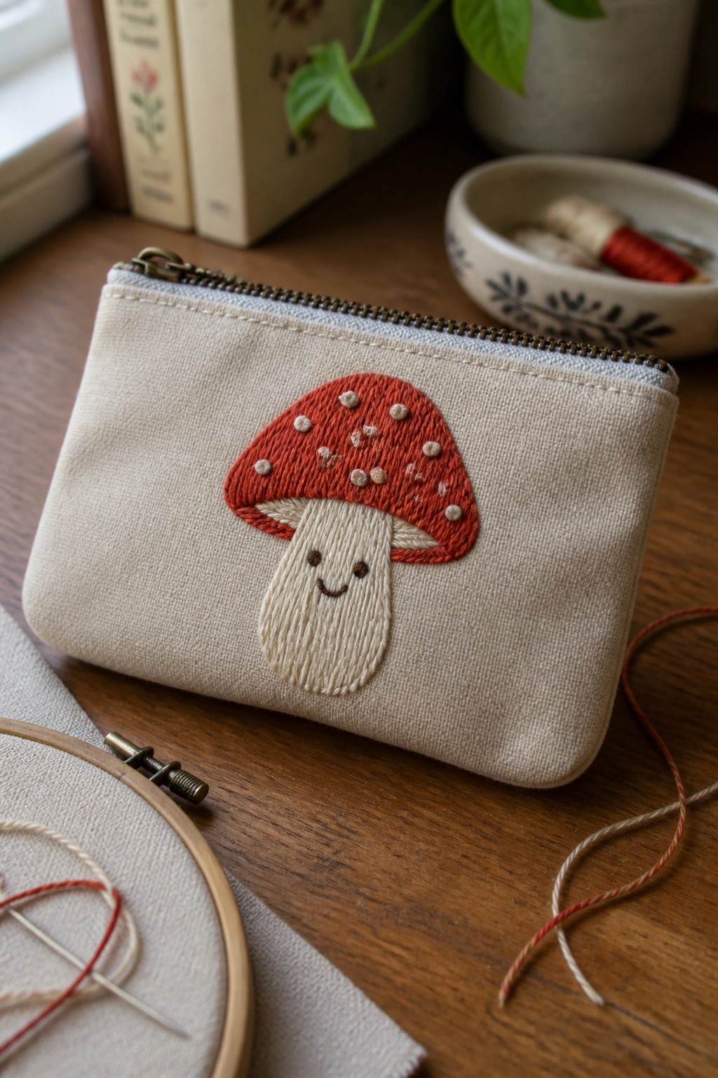Beige zippered pouch with embroidered red mushroom and smiling face on wooden table
