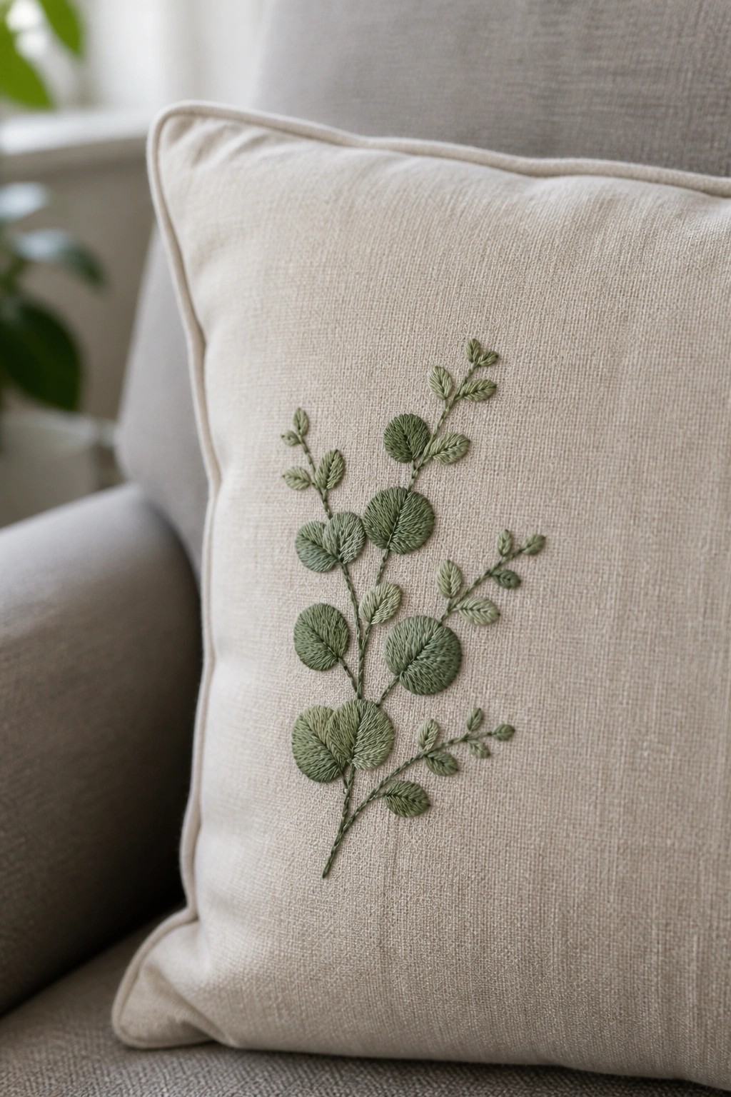 Beige pillow with green embroidered eucalyptus leaves and branches on textured fabric.