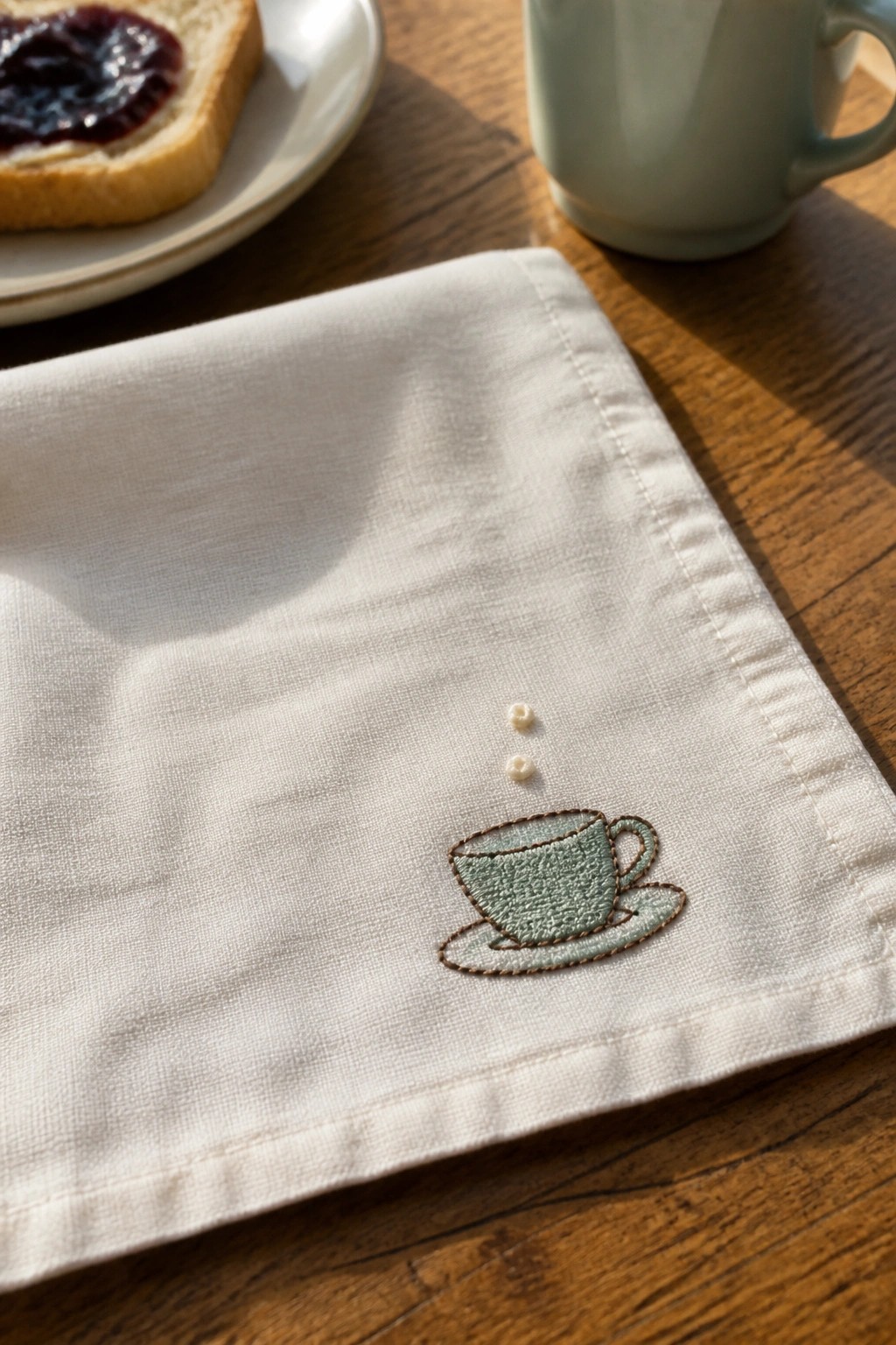 White napkin embroidered with mint green teacup and steam on wooden table