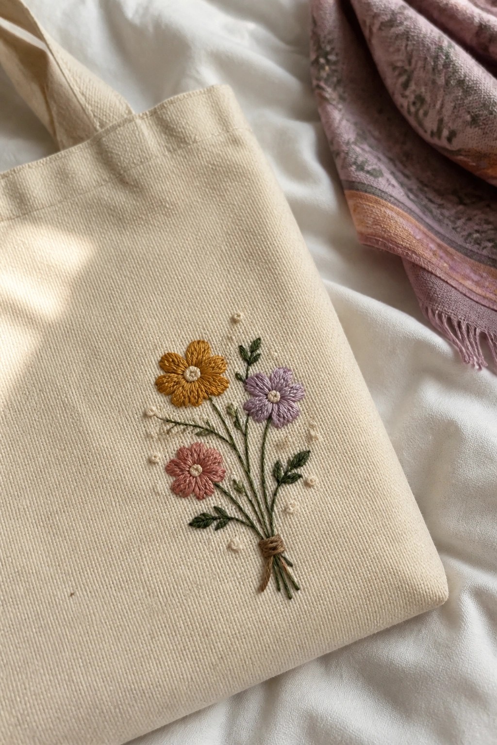 Beige canvas tote bag with embroidered yellow, purple, and pink flowers tied at the stems, resting on white fabric beside a pink patterned scarf.