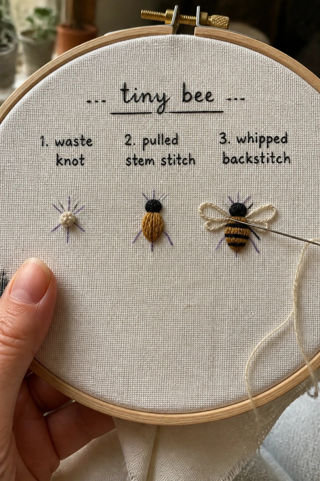 Hand holding embroidery hoop with tiny bee stages and text labels