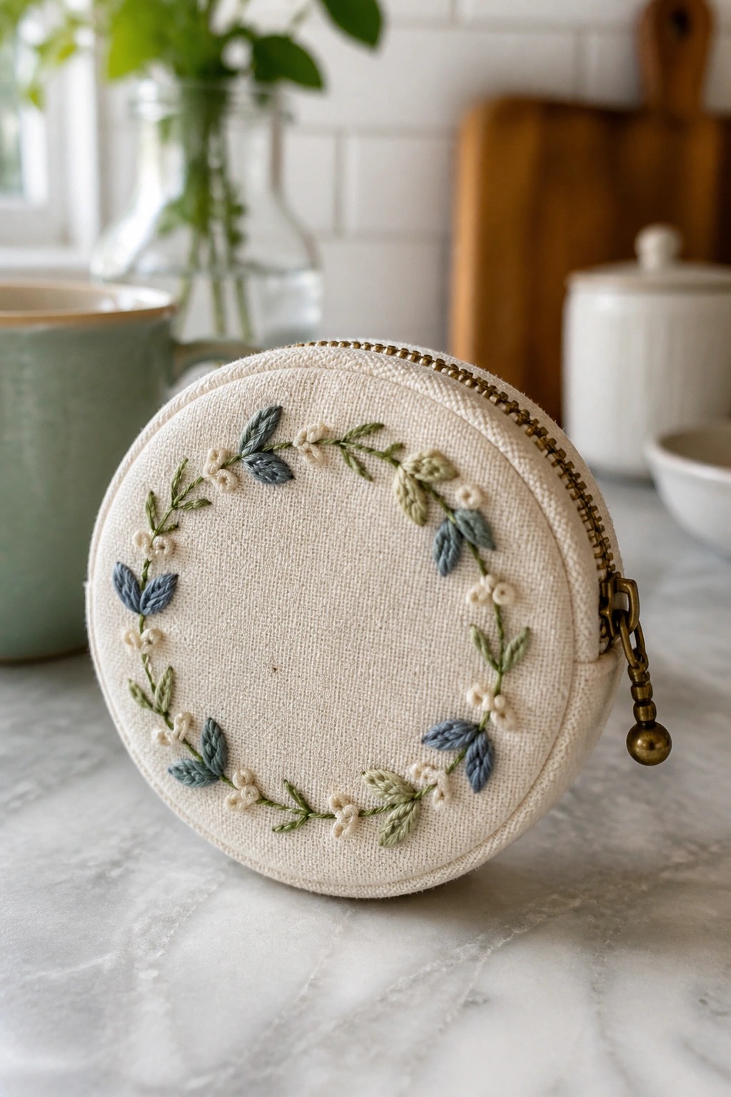 Round cream pouch embroidered with floral wreath and gold zipper on marble.