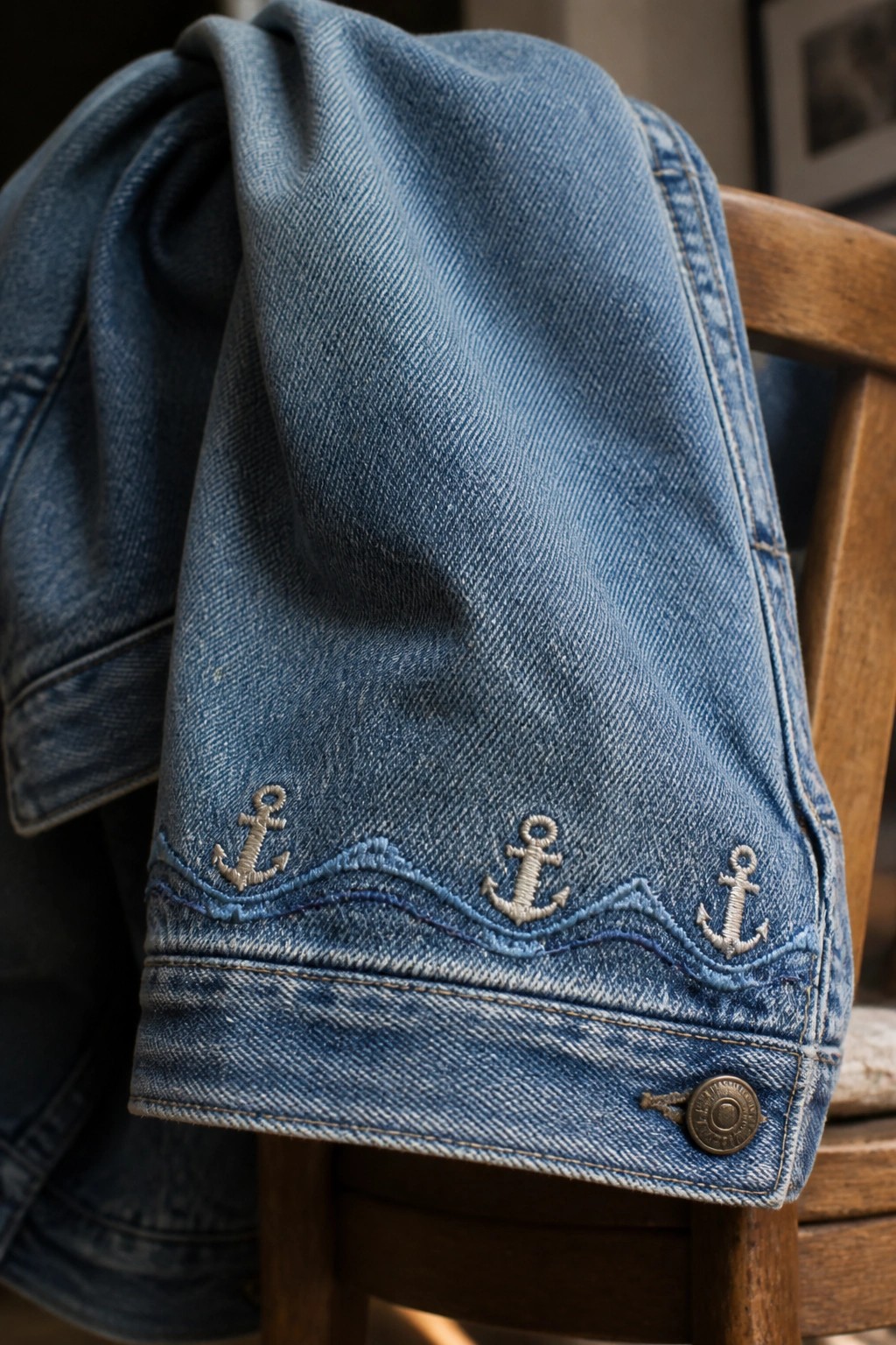Blue denim cuff with anchor and wave embroidery on wooden chair