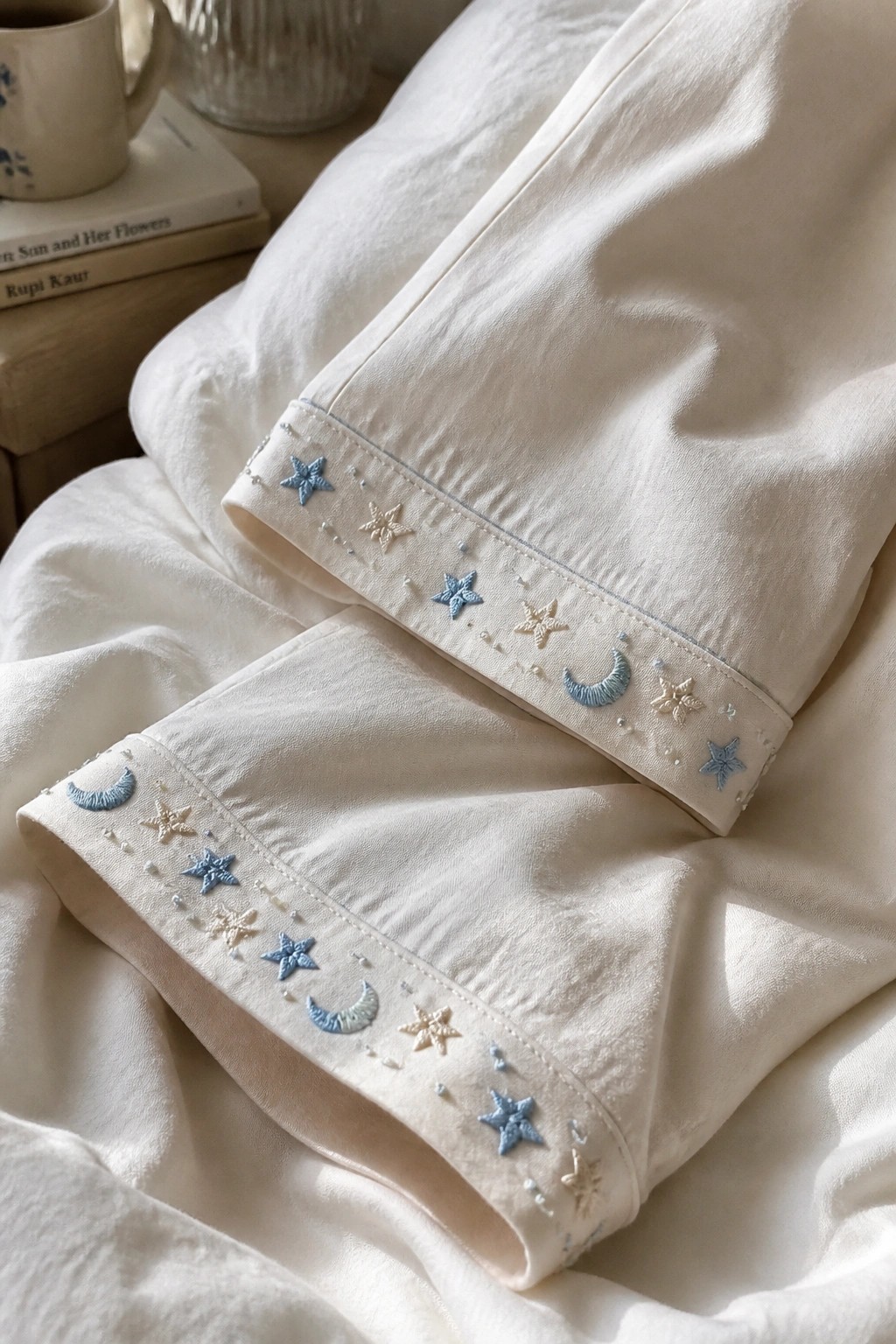 White pants with blue and beige star and moon embroidery on cuffs