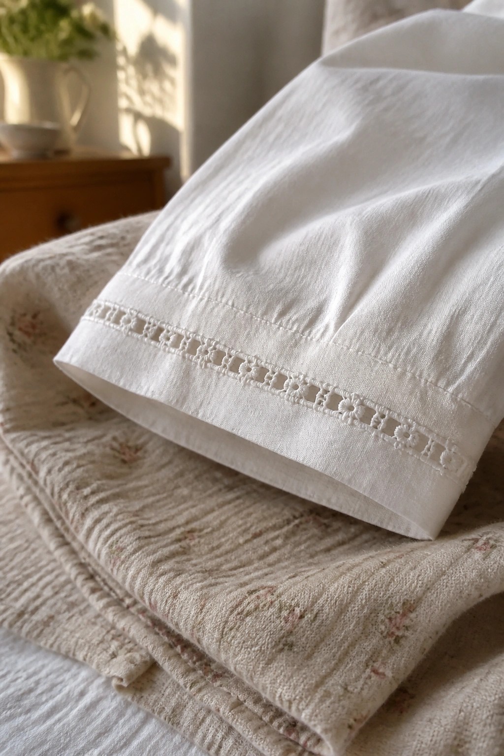 White linen with delicate eyelet lace trim on floral quilt in sunlight.