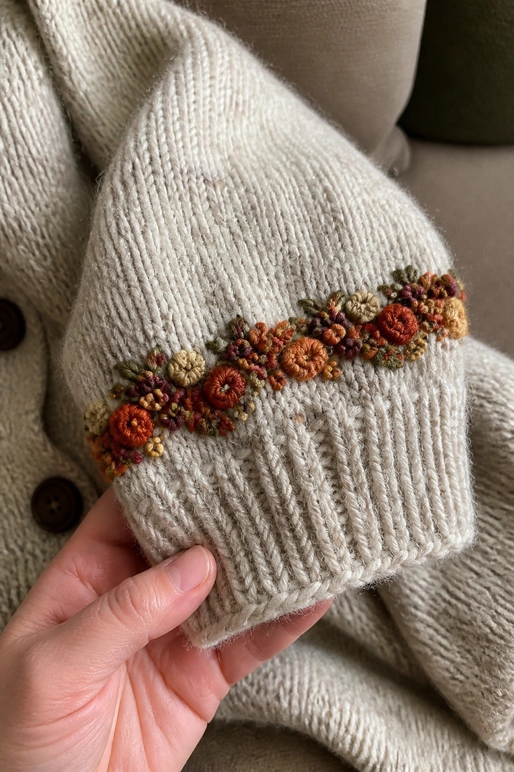 Hand holding cream knit sleeve with colorful autumn floral embroidery on cuff.