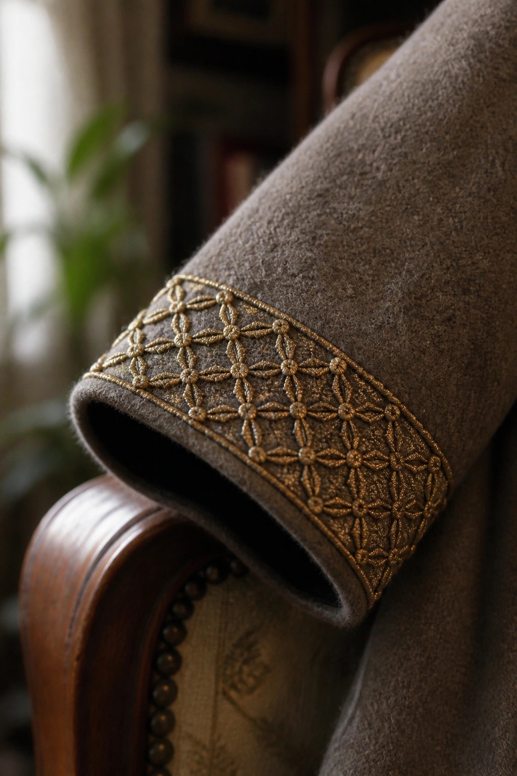 Brown wool sleeve with intricate gold embroidery draped over wooden chair arm