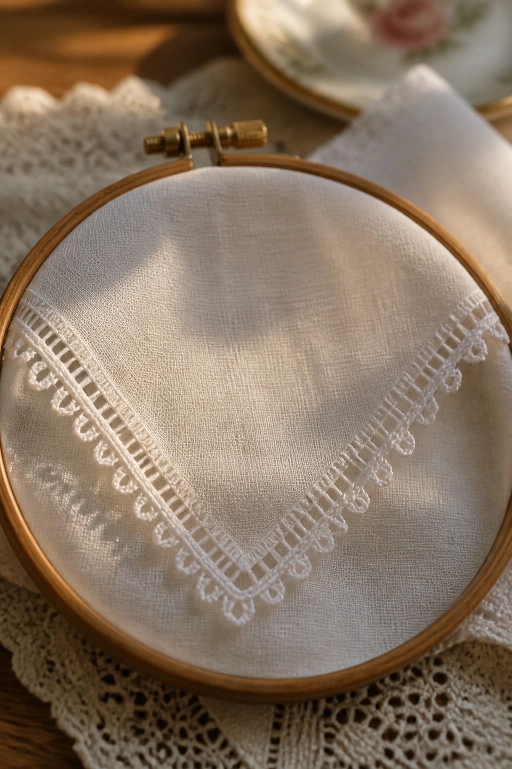 Wooden embroidery hoop holding white fabric with delicate lace border edging