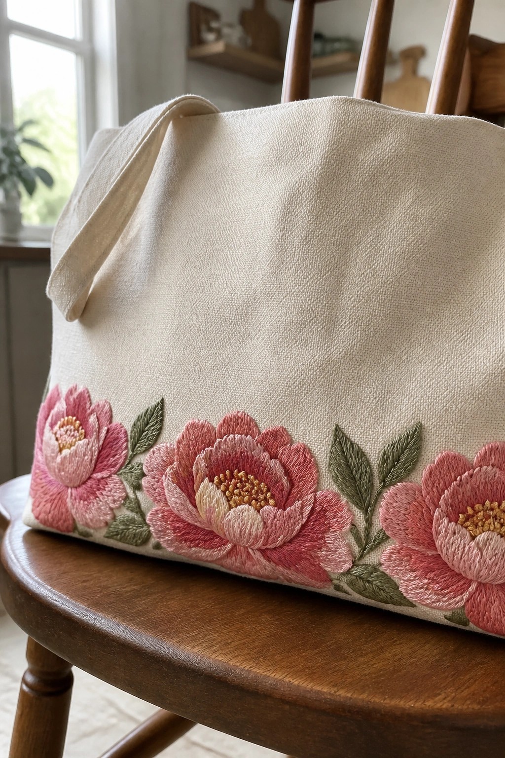 Canvas tote bag with a border of pink embroidered peonies along the bottom edge.