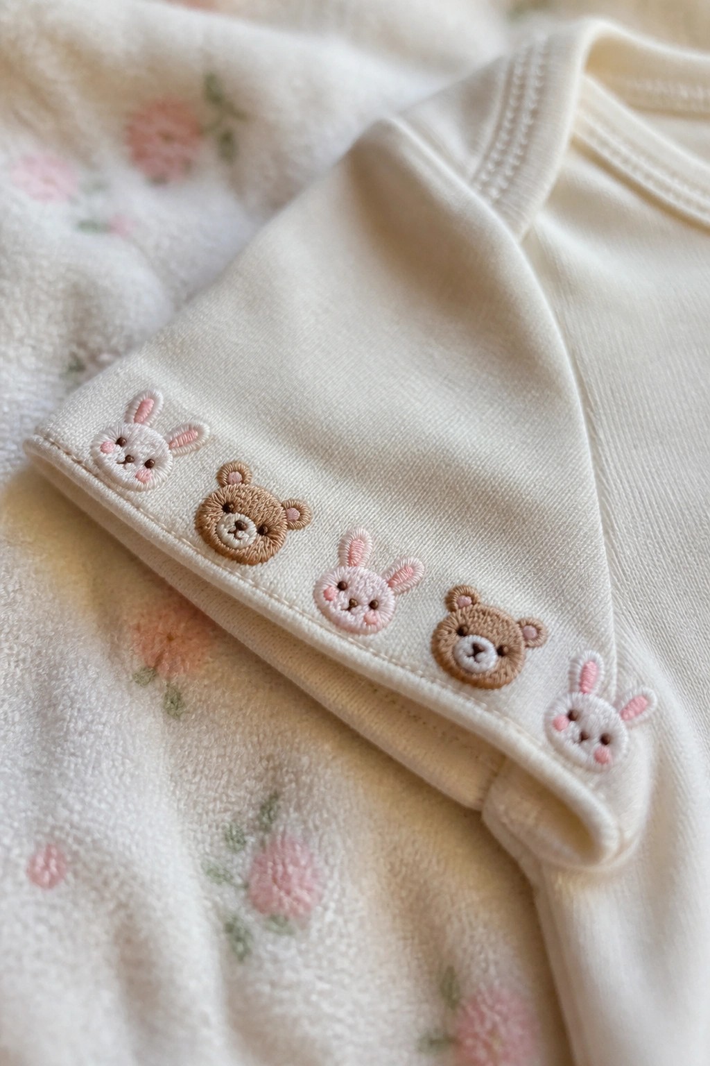 White baby onesie sleeve with embroidered bunny and bear faces on floral fabric.