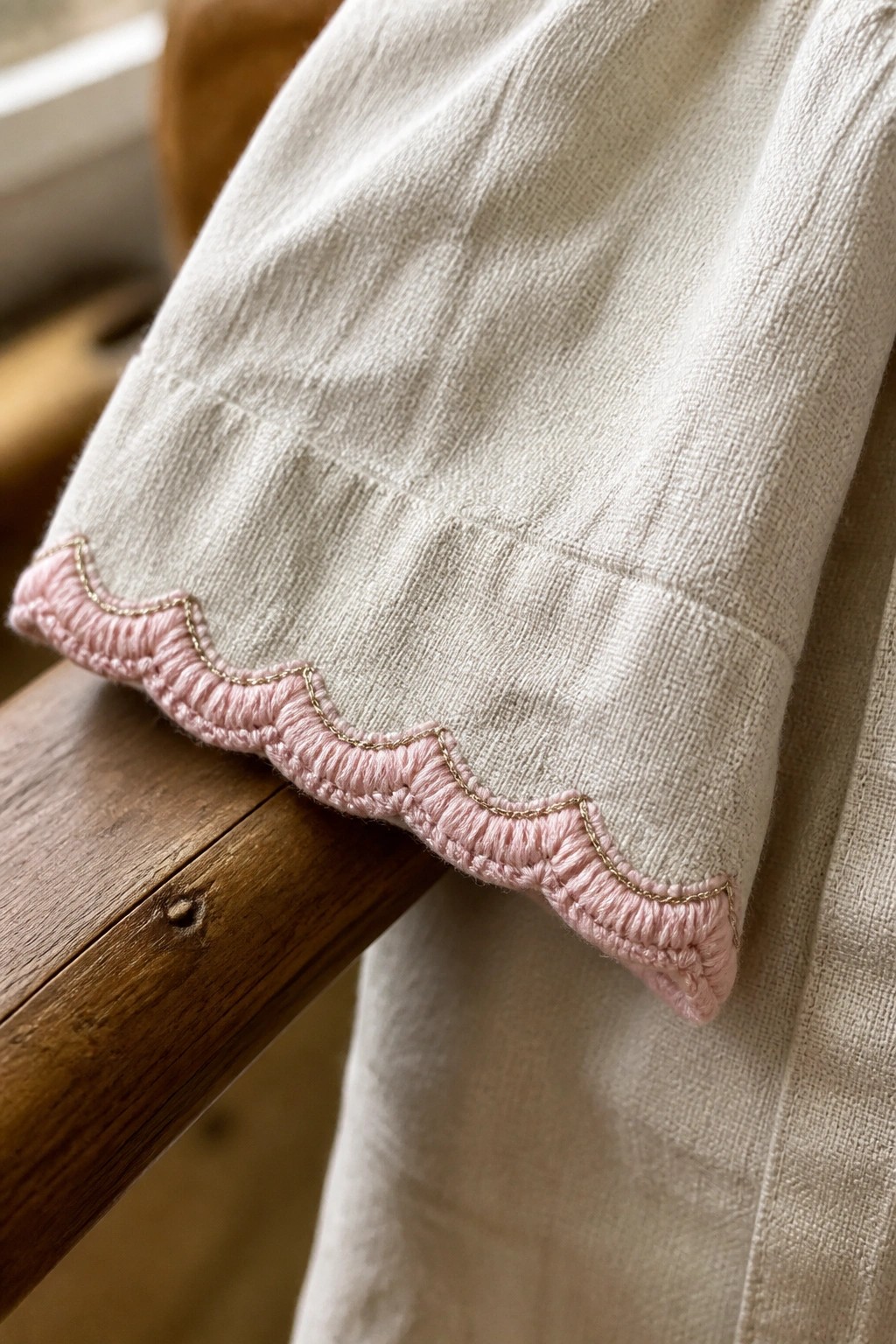 Cream linen sleeve with pink scalloped trim and gold embroidery on wood.