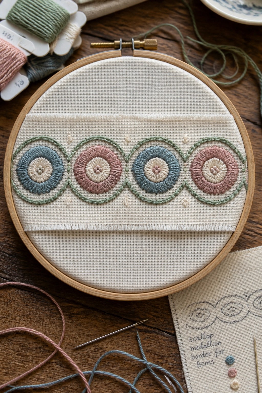 Wooden embroidery hoop with pastel scallop medallions on white fabric amid threads and needle