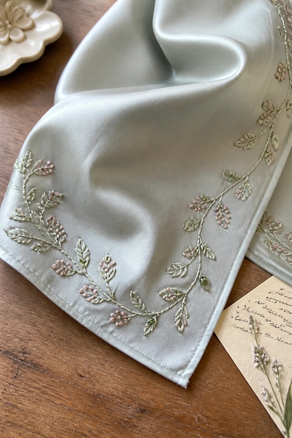 Light green fabric with a narrow embroidered vine border of leaves and small berry clusters along the edges resting on a wooden surface.