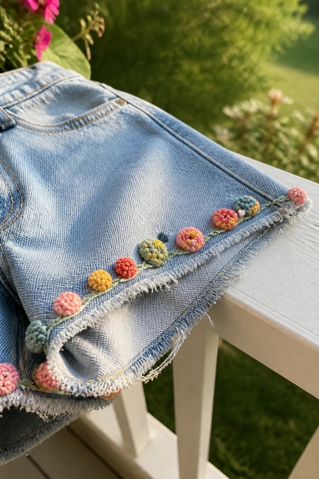 Denim shorts hem with colorful tufted embroidery clusters connected by green stitching along the frayed edge.