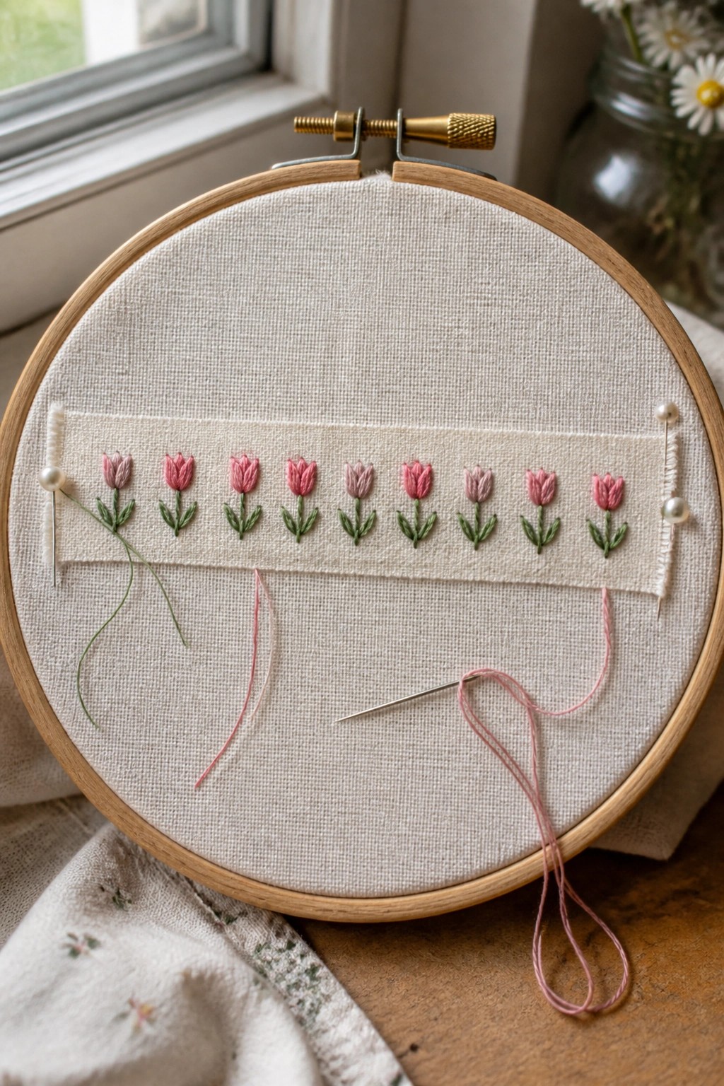 Wooden hoop with pink tulip embroidery, needle, and loose threads on fabric