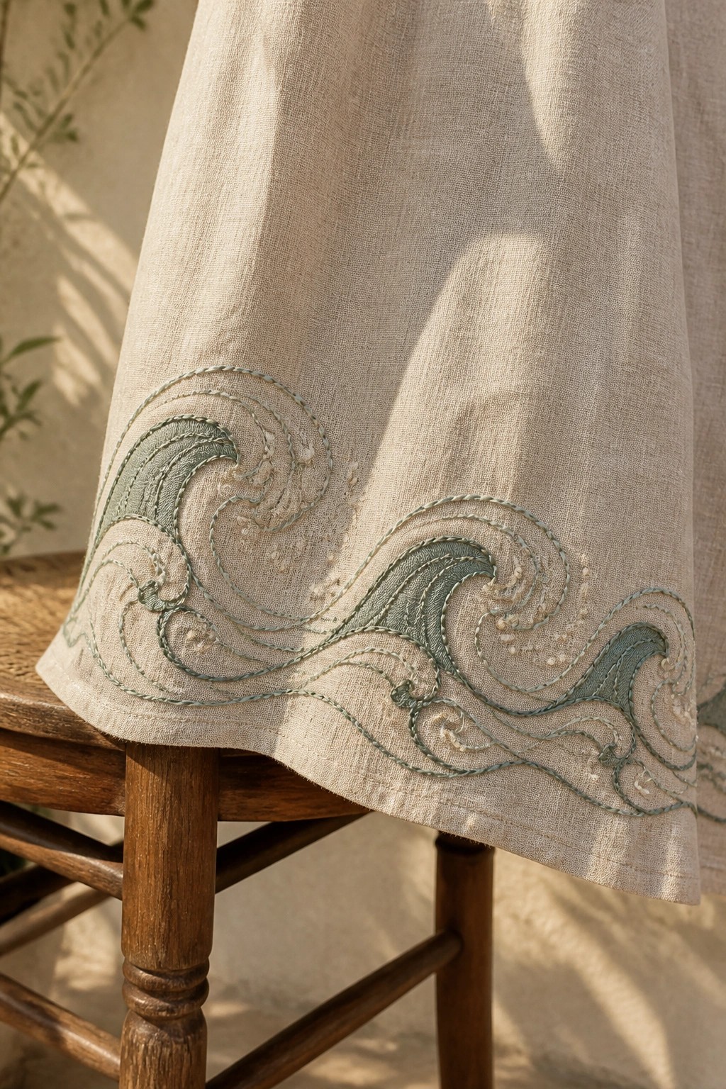 Beige linen fabric with green wave embroidery draped over wooden chair