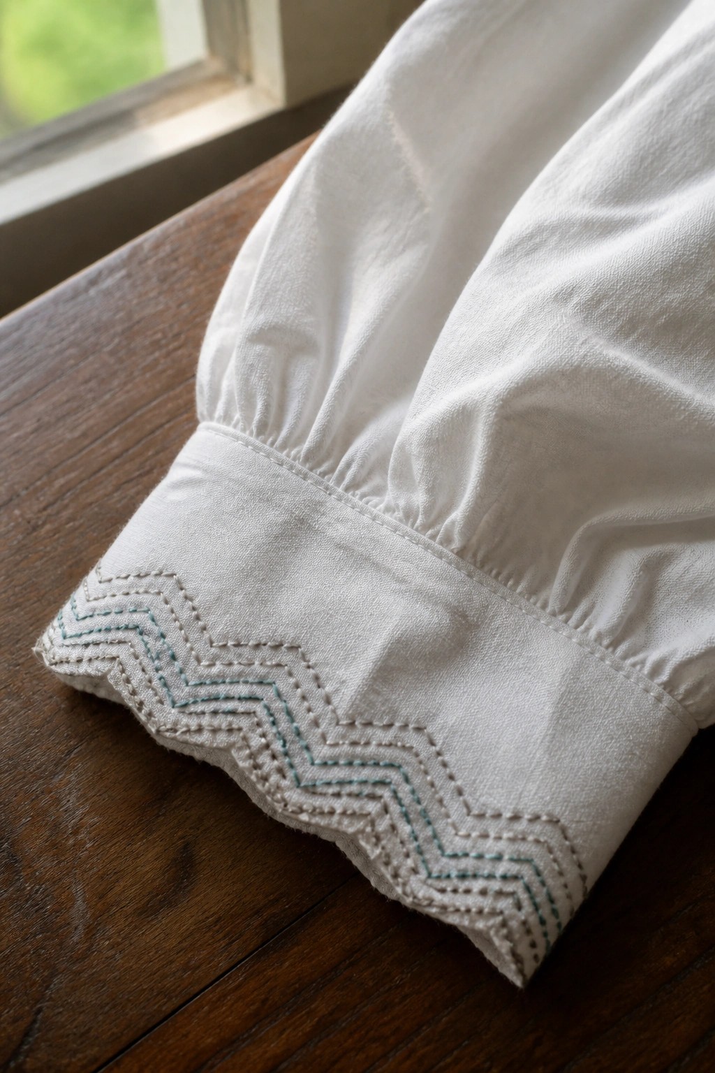 White sleeve cuff with light blue zigzag embroidery on wooden table.