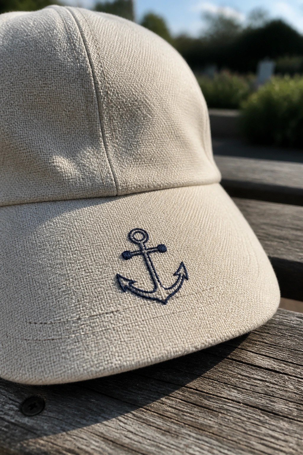 A beige baseball cap with a small navy anchor embroidered on the brim resting on a wooden surface.