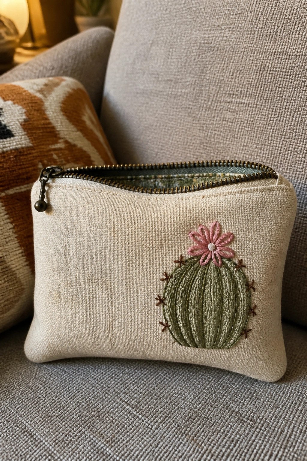 Beige zippered pouch with green cactus and pink flower embroidery on gray couch