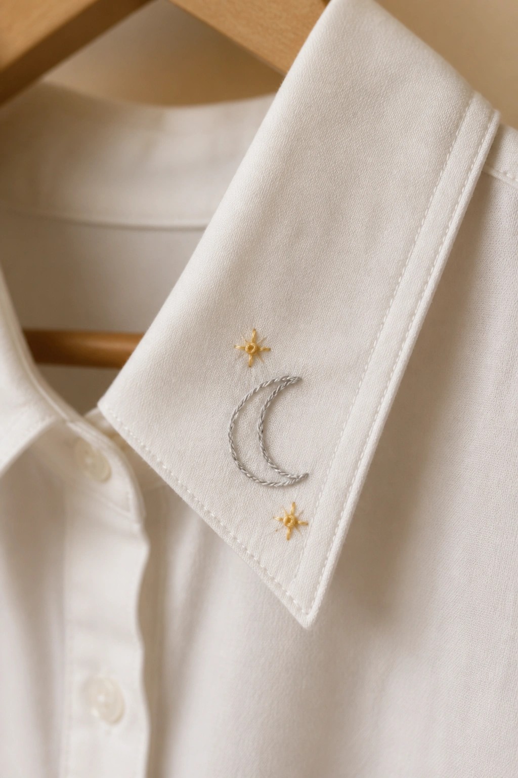Close-up of white shirt collar with gray crescent moon and two small yellow stars embroidered on the tip.
