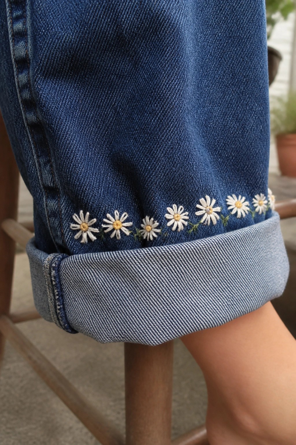 Rolled cuff of blue denim jeans embroidered with white daisies and yellow centers.