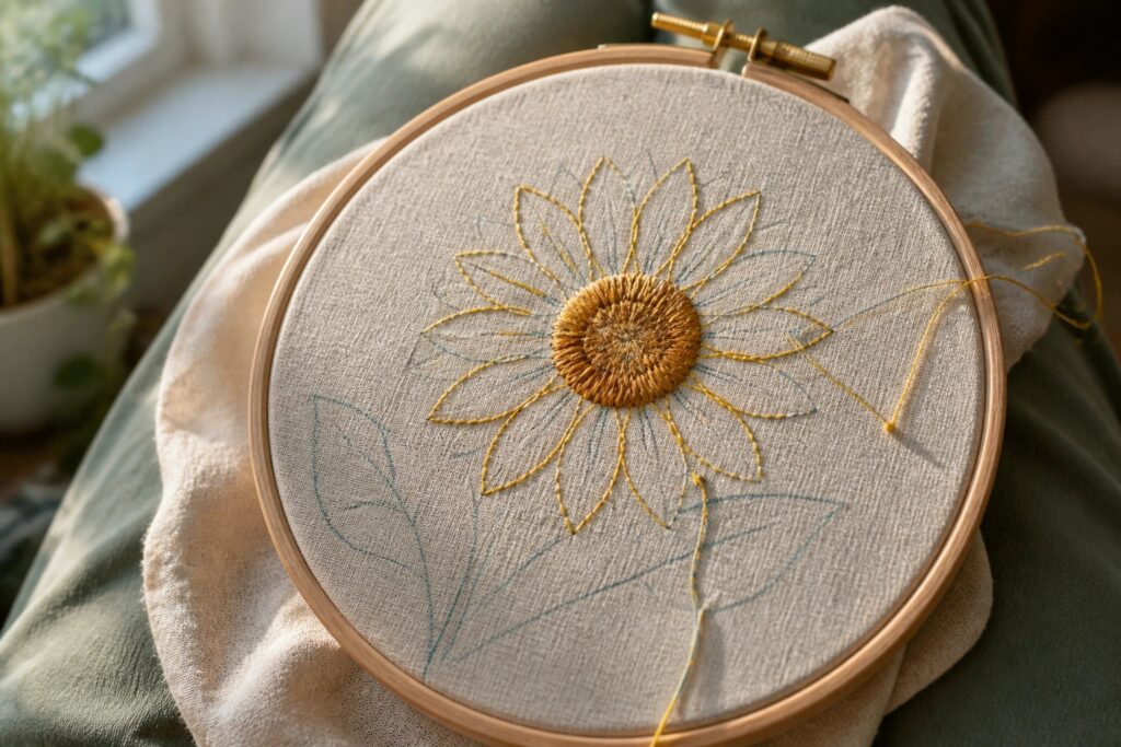 Wooden hoop with yellow sunflower embroidery and purple leaf outlines on beige fabric