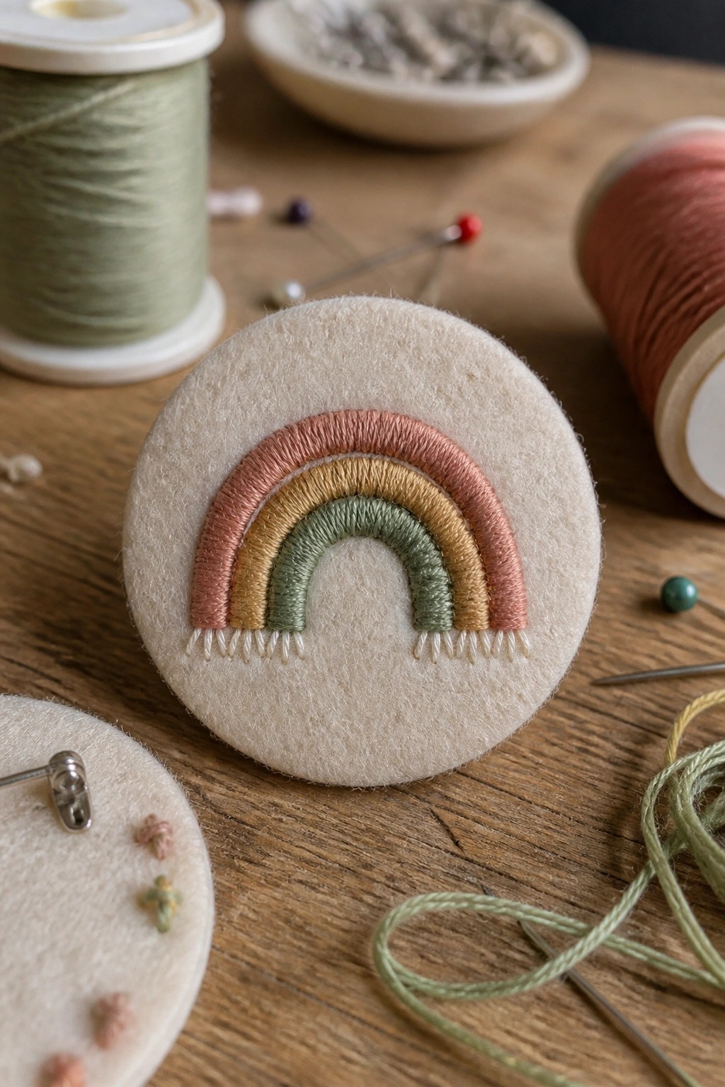 Embroidered rainbow on beige felt amid thread spools, pins, and needles on wood