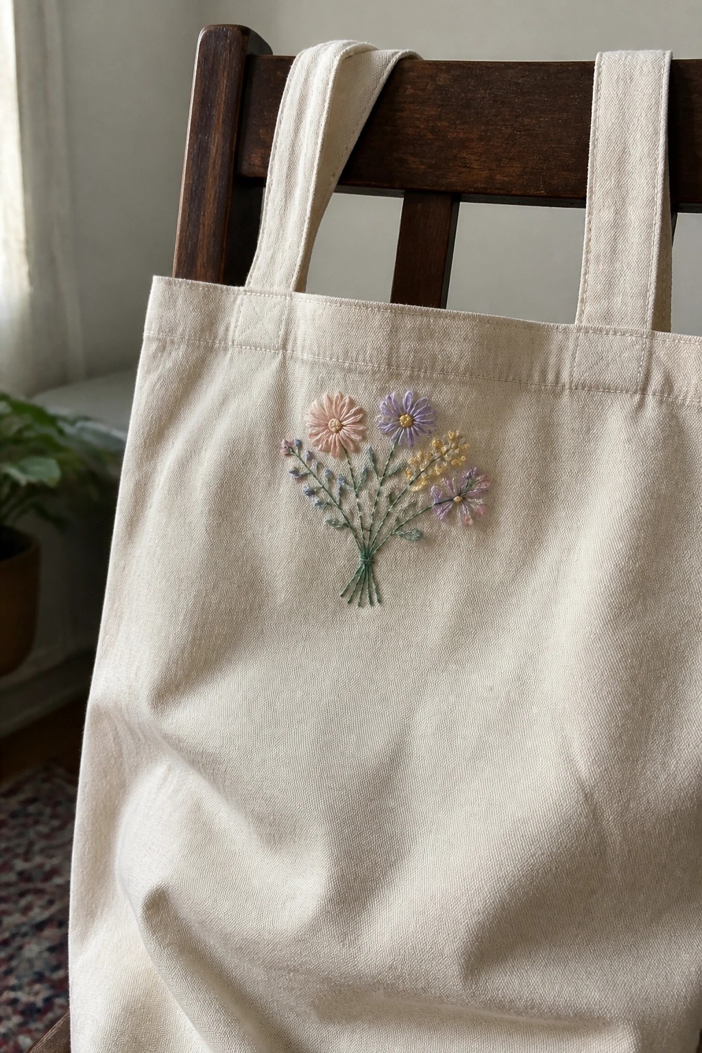 Cream canvas tote bag with pastel floral embroidery on wooden chair