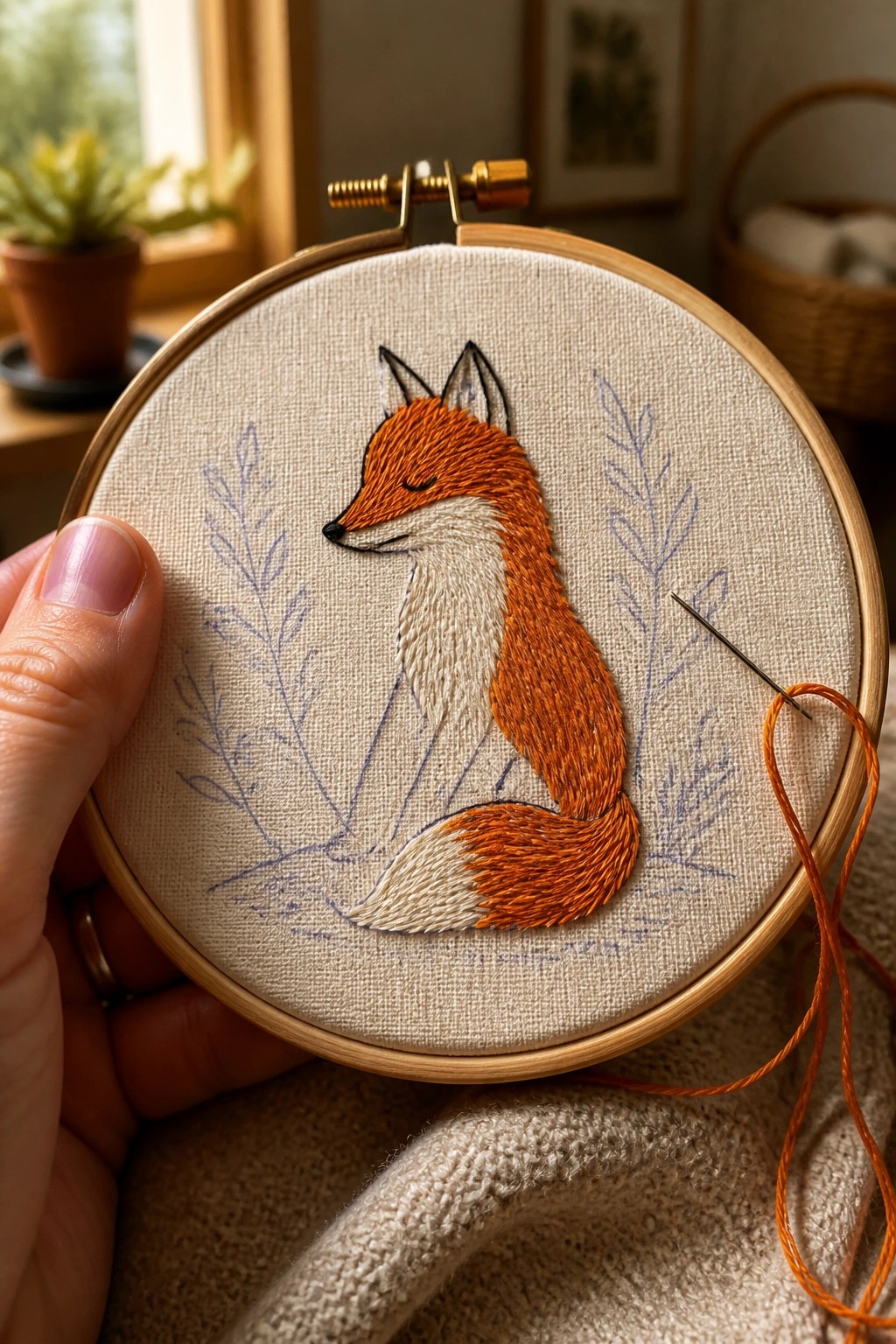 Hand holding embroidery hoop with orange fox, blue plants, and threaded needle