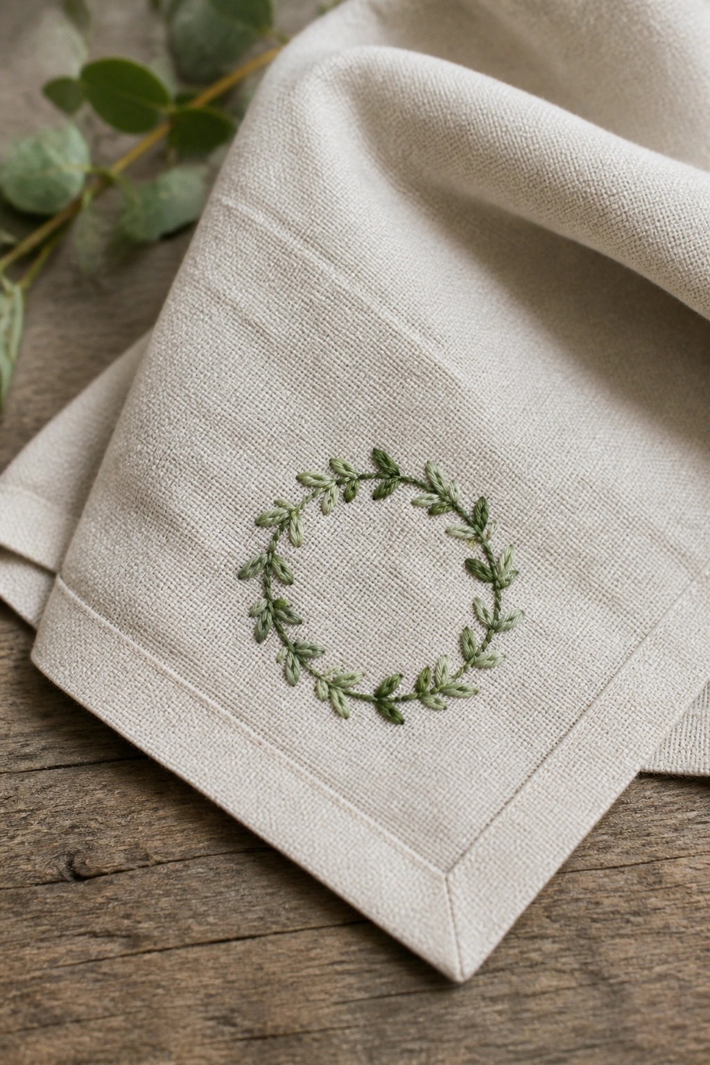 Beige linen napkin embroidered with a delicate green leaf wreath on wood