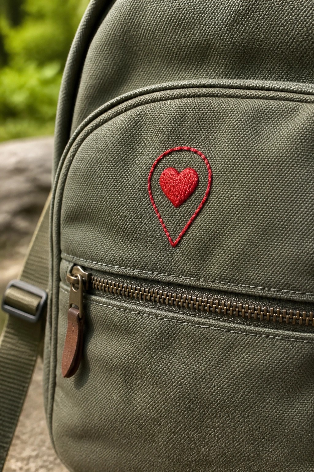 Olive green backpack with red embroidered heart in location pin above zipper.