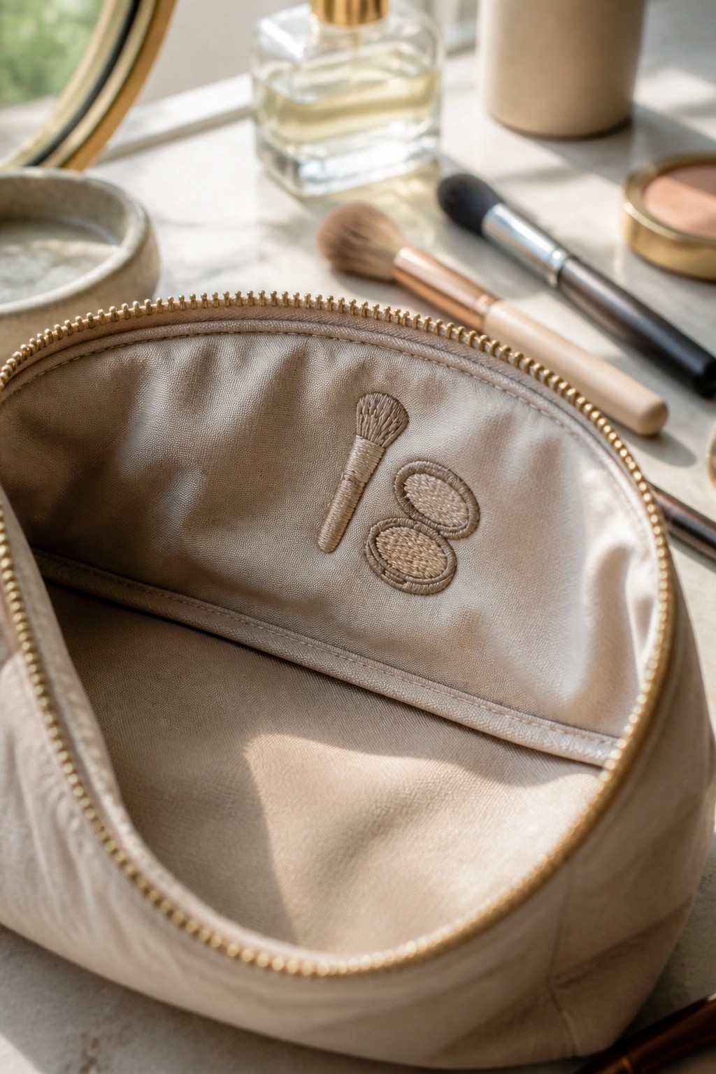 Open beige makeup bag with gold zipper and embroidered brush icon on marble.