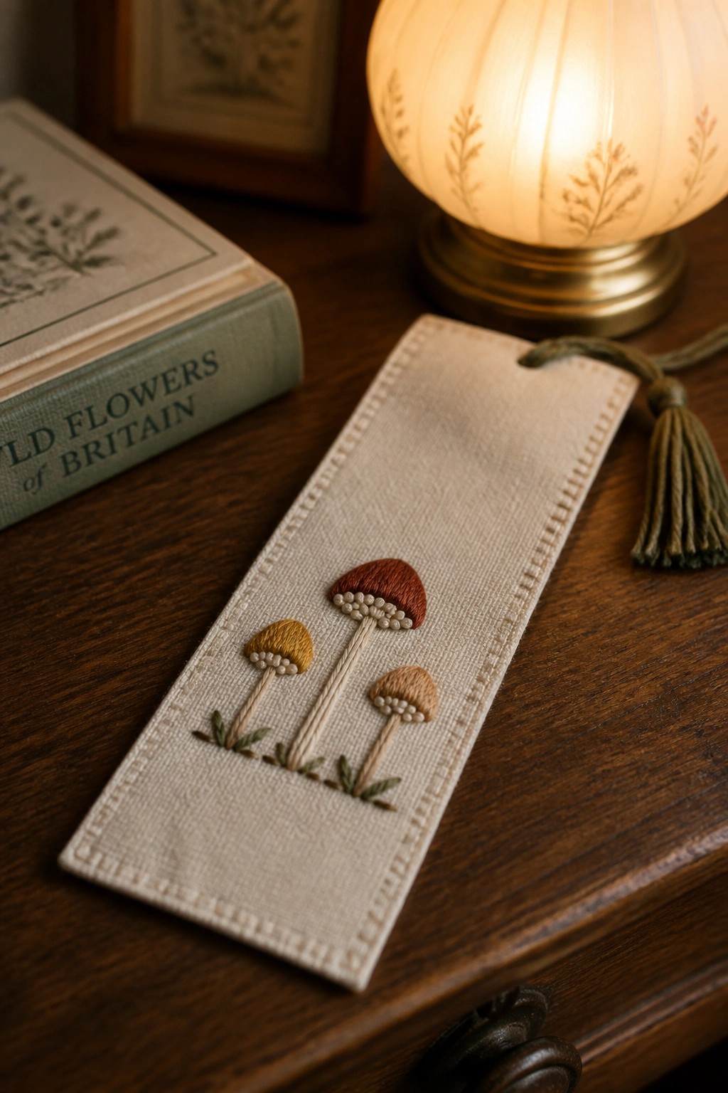 A beige fabric bookmark with three embroidered mushrooms in brown, yellow, and tan, shown on a wooden table beside a book.